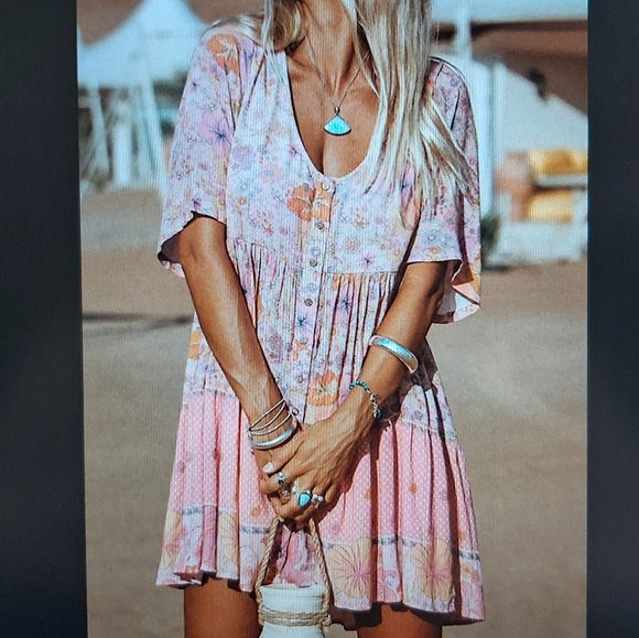 080. Multicolor Hibiscus Floral Print Ruffle Mini Dress  Size M - Picture 1 of 15